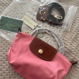 Longchamp Pink Mini Le Pliage Top-Handle Bag with Brown Trim